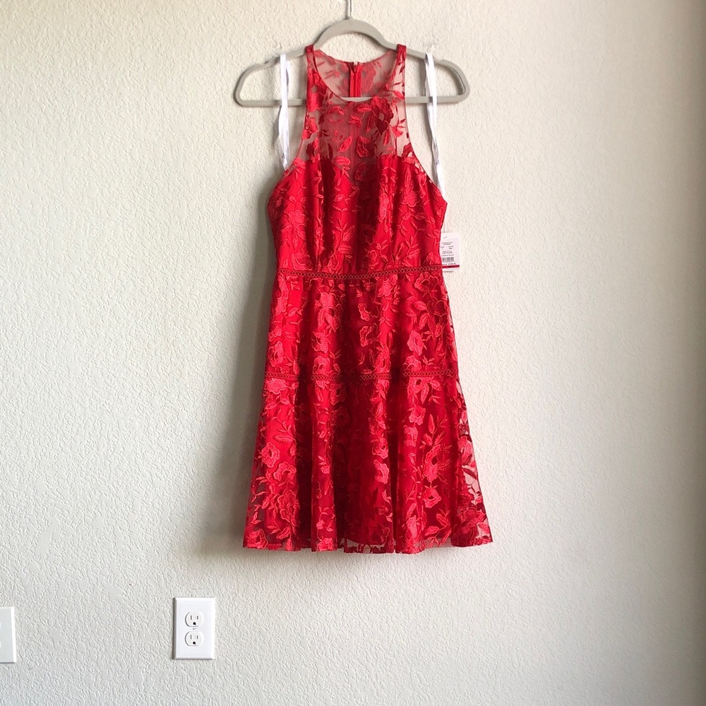 NWT Db Studio David’s Bridal Illusion Halter A Line Dress Red Lace